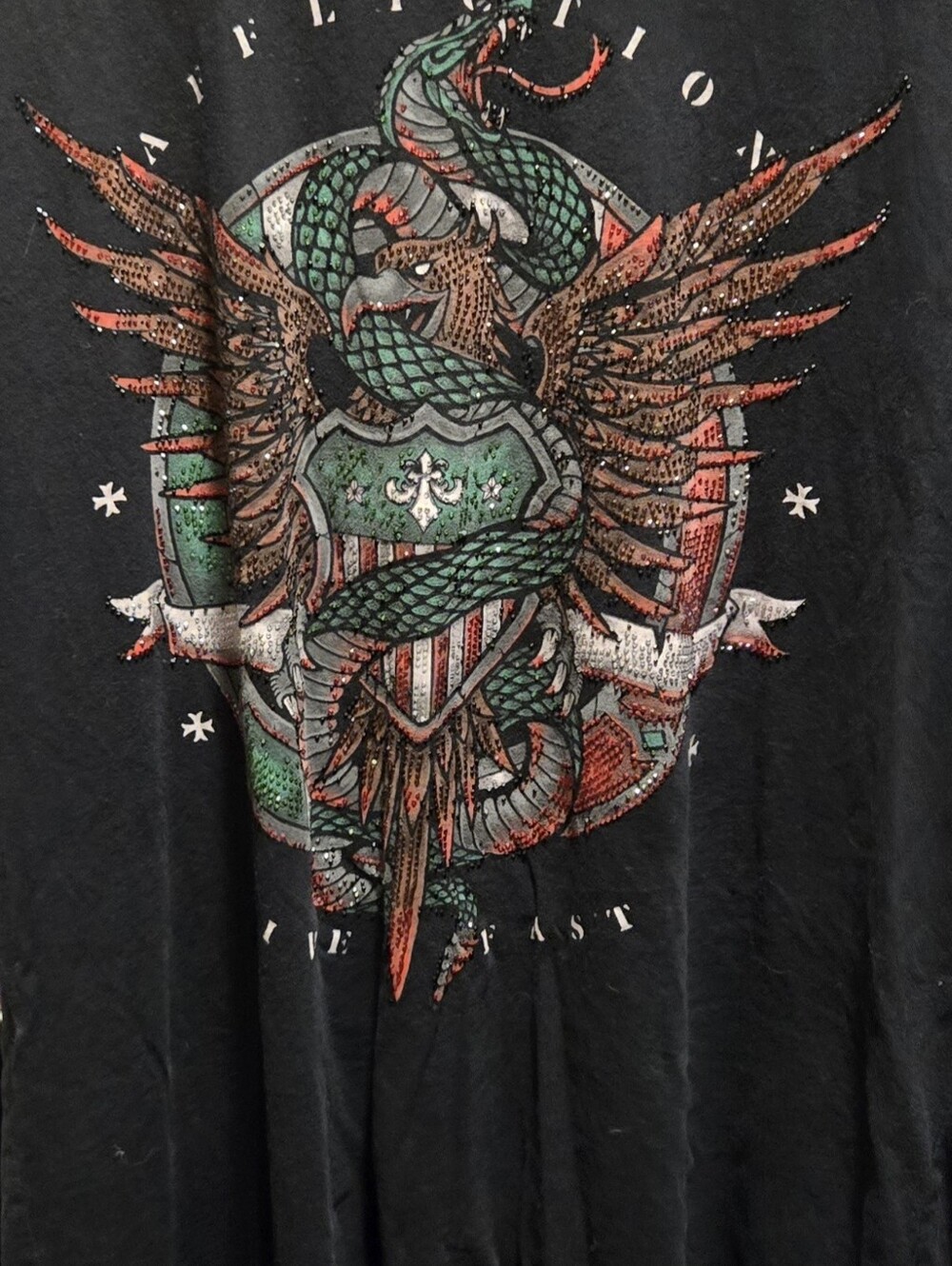 Affliction Black Tee with Green and Red Serpent Crest Graphic